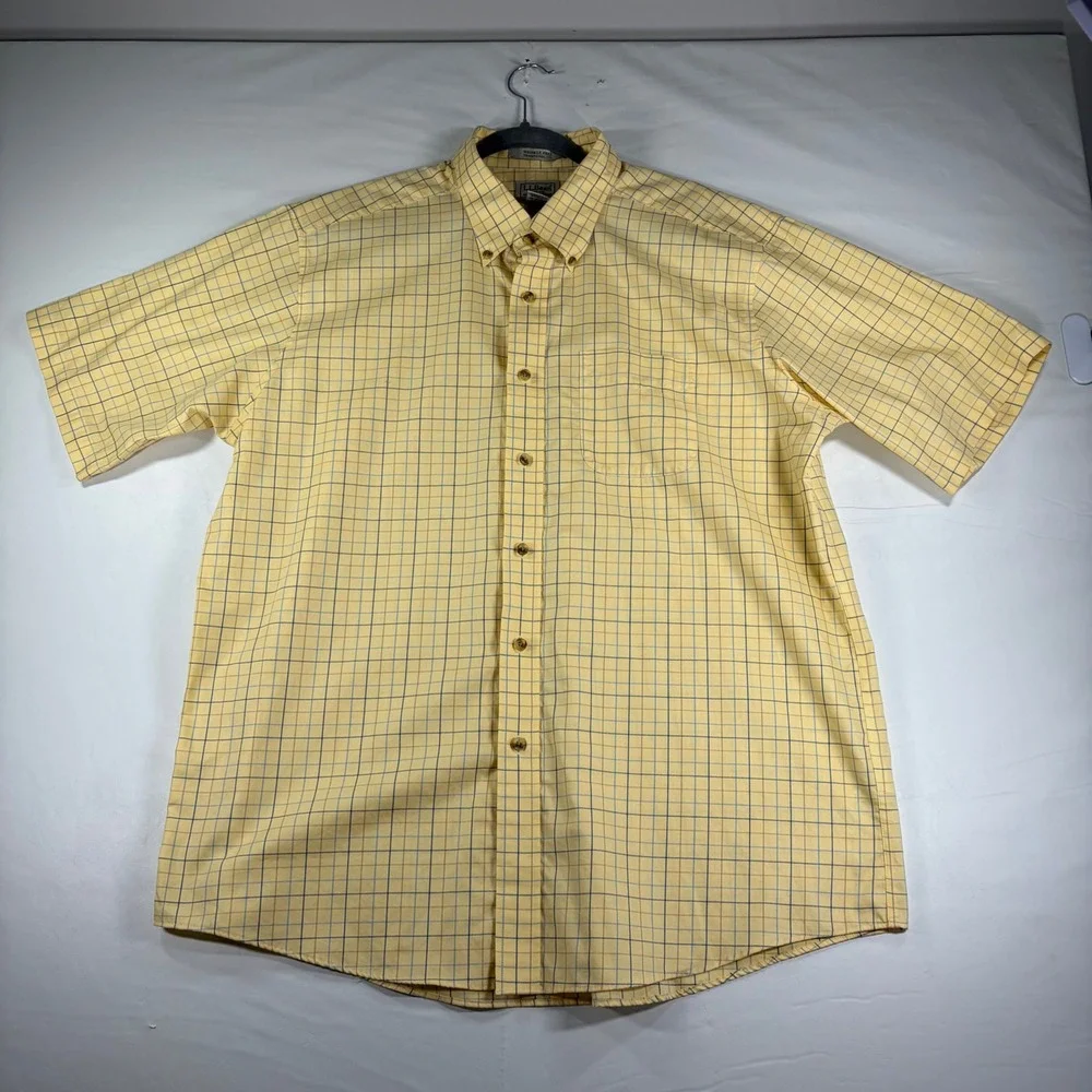 LL Bean Mens XL Yellow Plaid Wrinkle Resist Button Down Shirt Traditional Fit